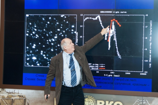 Заведующий лабораторией космического мониторинга МГУ Владимир Липунов выступил с докладом на тему «Глобальная роботозированная сеть оптического мониторинга дальнего и ближнего космического пространства – МАСТЕР»