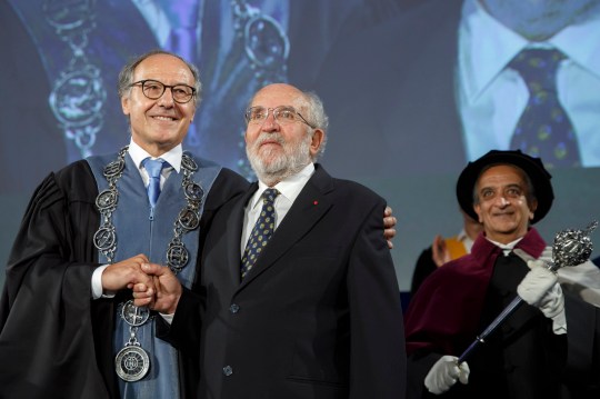 Swiss astrophysicist Michel Mayor, center, has received the Nobel Prize 2019 in Physics (Picture: Salvatore Di Nolfi/Keystone via AP)