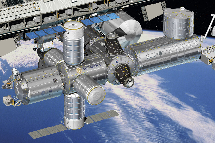Художественная реконструкция узлового модуля «Асгардия» в месте предполагаемой локализации (справа от отсека Columbus ЕКА) на МКС