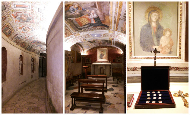 Слева направо: подземный коридор, связывающий гроты в Ватикане; грот, в котором состоялся молебен; мощевик в гроте у иконы