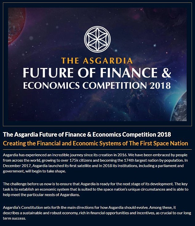 Participants in Asgardia's Future of Finance and Economics Competition will have to make it through two rounds of judging in order to win the $10,000 prize   Read more: http://www.dailymail.co.uk/sciencetech/article-5438047/Asgardia-launches-competition-build-space-economy.html#ixzz58PHmOJ5I  Follow us: @MailOnline on Twitter | DailyMail on Facebook