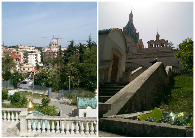 Слева – вид на купол собора Святого Петра в Ватикане от храма Святой Екатерины. Справа – храм Святой Екатерины