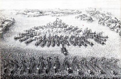 Гравюра Мориса Бакуа.Бой при Гангуте 27 июля 1714 года.(С картины  Мартена Младшего. 1722-1724гг.)