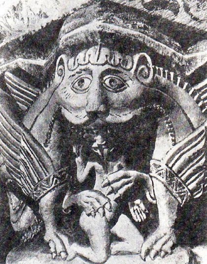 "Диавол, пожирающий человека". (Скульптура XII века. Церковь Св. Петра, Вена).