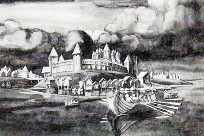 Неревский Кром с дубовой Софией. Новгород, X век. Художник Г. Борисевич  В православном христианском сознании каждая крепость была не только оградой от иноземных войск, но и освященной церковным чином "нерушимой стеной”, защищавшей мирную жизнь людей и их духовное согласие от "духов злобы поднебесных"