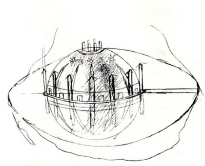 Сферическое здание мистериального храма рисунок А. Скрябина. Этот храм по его замыслу должен быть воздвигнут в Индии
